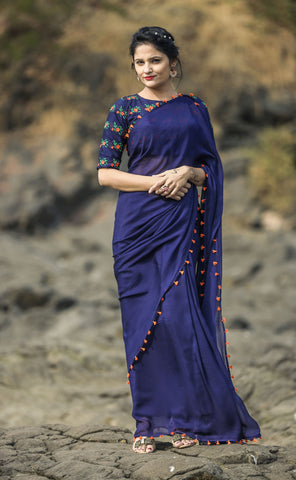 Navy blue chiffon saree best sale