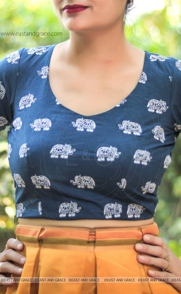 Elephant Navy Blue Embroidered Raw-Silk Blouse