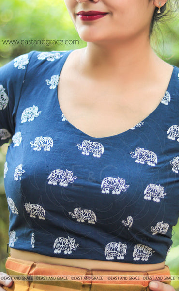 Elephant Navy Blue Embroidered Raw-Silk Blouse