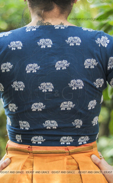 Elephant Navy Blue Embroidered Raw-Silk Blouse