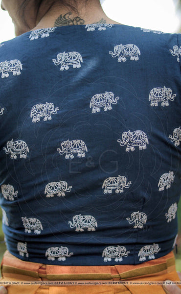 Elephant Navy Blue Embroidered Raw-Silk Blouse