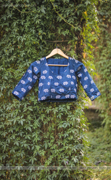 Elephant Navy Blue Embroidered Raw-Silk Blouse