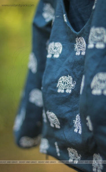 Elephant Navy Blue Embroidered Raw-Silk Blouse